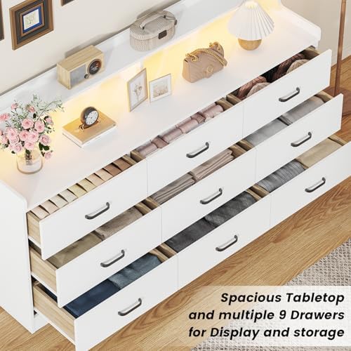 Bigbiglife 9 Drawer Dresser with Built in Power Outlet and LED Light, Modern Chest of Drawers for Bedroom, Triple Wide Drawer Organizer Cabinet for Living Room, Entryway, Hallway, Antique White - Image 6