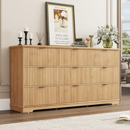 Fluted 9 Drawers Dresser for Bedroom, 63" Wood Dresser w/Power Outlet and Deep Drawers, Wide Chest of Drawers, Modern Closet Dressers for Living Room, Upgraded Version w/Wooden Drawers, Oak by jiteentarou