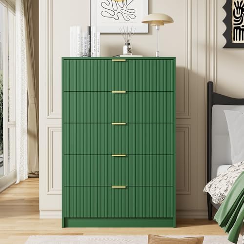 Furniway Green Dresser for Bedroom, Modern Dresser with 5 Drawers and Smooth Slides, Wide Chest of Drawers with Golden Handles for Bedroom, Living Room, Closet, 15.7" D x 31.5" W x 47.2" H - Image 6