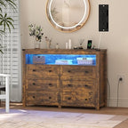 Wodeer Brown Dresser 6 Drawer Dressers for Bedroom with LED Lights, Charging Station, Wood Chest of Drawers with Metal Handles, Modern TV Stand Storage Cabinet for Living Room, Hallway, Entryway - Image 3
