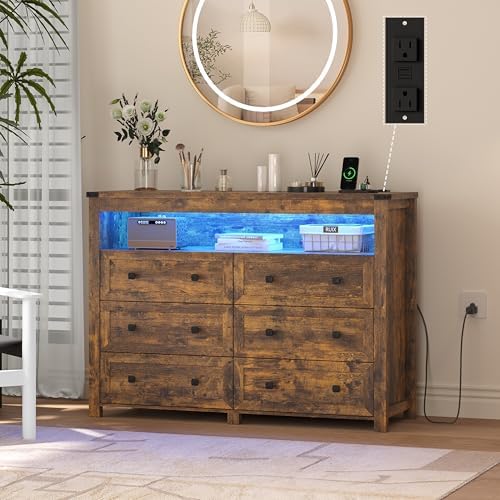 Wodeer Brown Dresser 6 Drawer Dressers for Bedroom with LED Lights, Charging Station, Wood Chest of Drawers with Metal Handles, Modern TV Stand Storage Cabinet for Living Room, Hallway, Entryway - Image 3