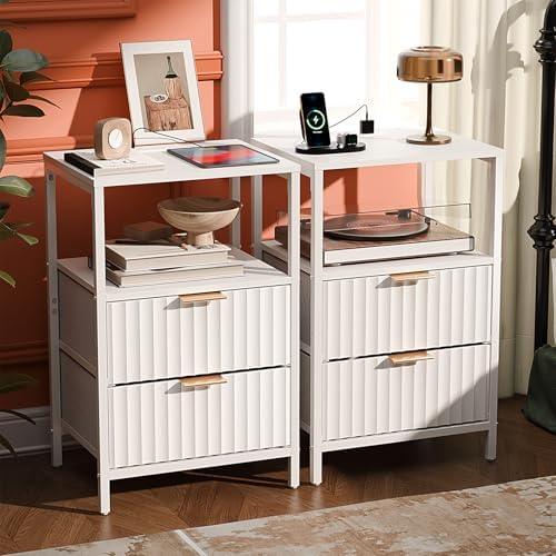 VINGLI White Nightstands Set of 2 with Fabric Drawers, Fluted Nightstand with Charging Station, Night Stand Set 2 White Side Table with Charging Station for Bedroom, Dorm by VINGLI