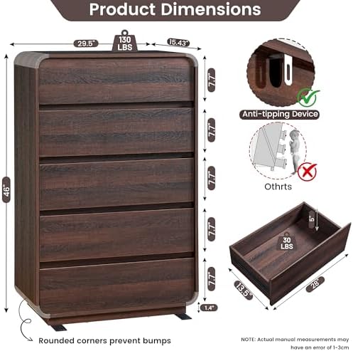 Standifurno Walnut Dresser for Bedroom, Modern 5 Drawer Closet, Freestanding Dressers with Deep Drawers, Large Storage Organizer for Living Room, 29.5’’ W - Image 2