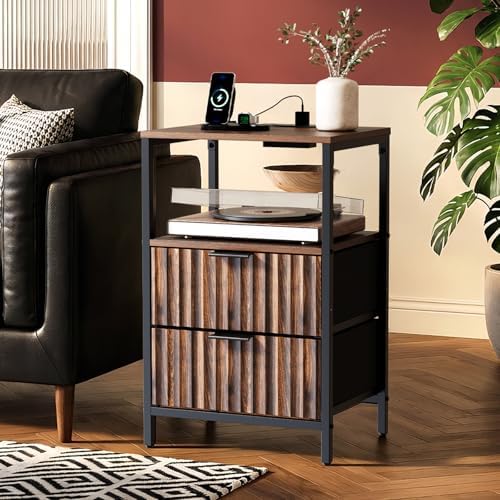 VINGLI Nightstands Set of 2 with Fabric Drawers, Walnut Nightstand with Charging Station, Night Stands Fluted Bedside Tables/End Tables with Charger Station, Side Table Bedroom, Small Night Stand - Image 3