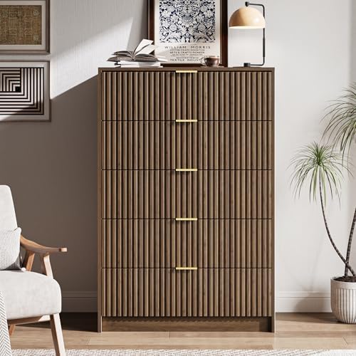 MAISONARIA 5 Drawer Dresser for Bedroom, Tall Dresser Chest of Drawers with Gold Handles, 32 Inch Wide Nightstand with for Bedroom, Living Rooms, Offices, and Entryways, Walnut - Image 7