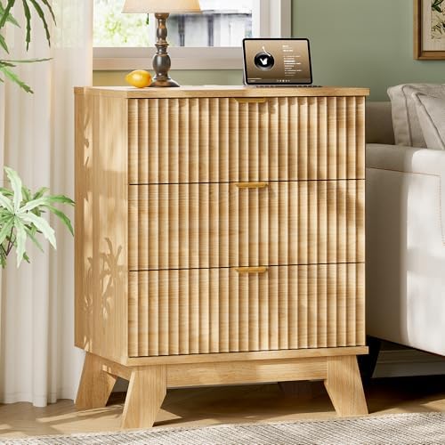 Xixini Fluted Nightstand with Charging Station, Tall Bedside Table, Oak - Image 3