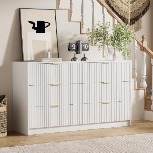 Furniway White Dresser for Bedroom, Modern Dresser with 6 Drawers and Smooth Slides, Wide Chest of Drawers with Golden Handles for Bedroom, Living Room, Closet, 15.7" D x 55.1" W x 31.4" H - Image 6