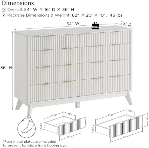 T4TREAM 54" Wide Fluted 9 Drawer Dresser for Bedroom, Solid White - Image 2