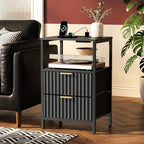 VINGLI Black Nightstands Set of 2 with Fabric Drawers, Fluted Nightstands with Charging Station, Night Stand Set of 2, Small Bedside Table, Bed Side Table/Night Stand with Charging Station for Bedroom - Image 3