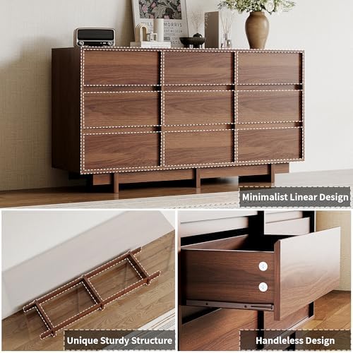 9 Drawer Walnut Dresser for Bedroom,59" Wide Mid Century Modern Dresser - Image 3