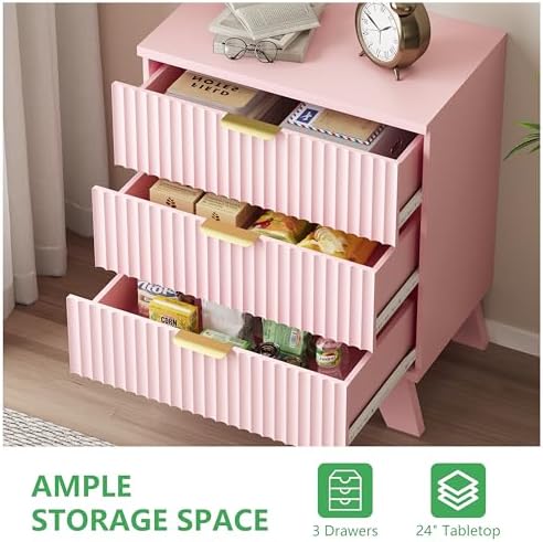 Xixini Fluted Dresser for Bedroom with 3 Drawers, 24" Wide Modern Chest of Drawers with Metal Handle, Wooden Dresser TV Stand, Wood Closet Clothes Storage Organizer for Living Room, Hallway, Pink - Image 6