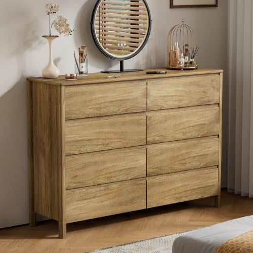 Furniway 55" Wide 8 Drawer Wood Dresser for Bedroom with Legs, Natural Oak - Image 6