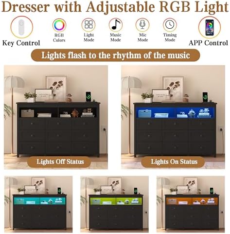 Wodeer 9 Drawer Dresser for Bedroom with LED Lights, Charging Station, Wood Chest of Drawers with Metal Handles, Modern TV Stand & Storage Organizer for Living Room, Hallway, Black - Image 5