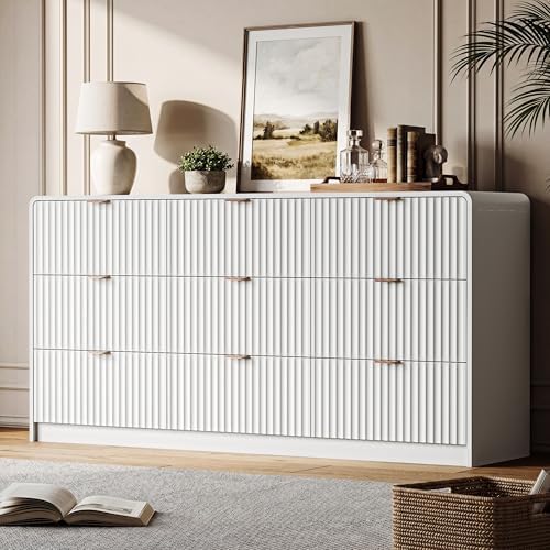 HOUROM 59” Wide White Fluted Dresser for Bedroom with 9 Drawers by HOUROMDresserforBedroom