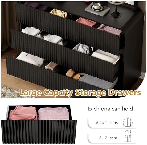 Wodeer Black Dresser Fluted 6 Drawers Dresser for Bedroom, 47" Wide Wood Chest of Drawers with Hidden Handles & Rounded Corners, Modern TV Stand Storage Cabinet for Living Room, Hallway, Entryway - Image 4