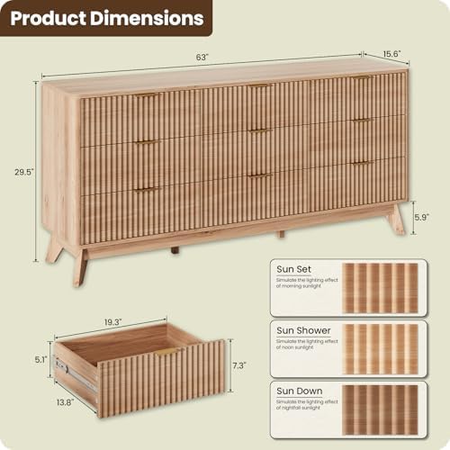 63" Wide Fluted 9 Drawers Dresser for Bedroom,Curved Edge,Oak - Image 2