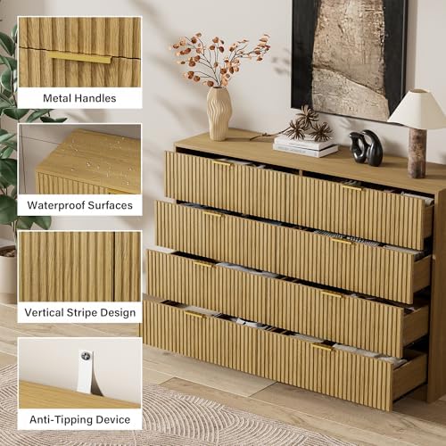 Furniway Mid Century Modern Dresser for Bedroom, 8 Drawer Wood Dresser with Fluted Front, 55" Wide Chest of Drawers for Closet, Living Room, Hallway, Natural Oak - Image 3