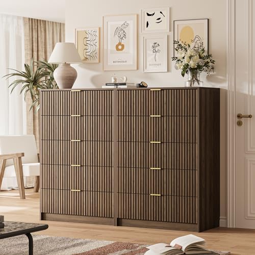 MAISONARIA 5 Drawer Dresser for Bedroom, Tall Dresser Chest of Drawers with Gold Handles, 32 Inch Wide Nightstand with for Bedroom, Living Rooms, Offices, and Entryways, Walnut - Image 3