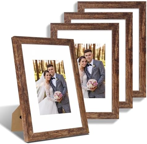 Hongkee 8x12 Picture Frame Set of 4, Made of Glass and Rustic Brown Wooden Frame - Display 6x8 Picture with Mat or 8 x 12 Poster Without Mat, 8 by 12 Photo for Wall or Tabletop by Hongkee
