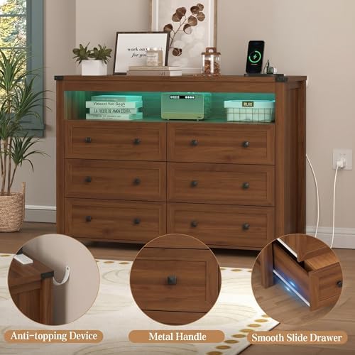 Wodeer Dresser 6 Drawer Dressers for Bedroom with LED Lights, Charging Station, Wood Chest of Drawers with Metal Handles, Modern TV Stand Storage Cabinet for Living Room, Hallway, Entryway, Walnut - Image 6