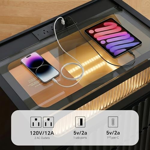 Modern Nightstand with Charging Station,Fluted 3 Drawers Bedside,Black - Image 5
