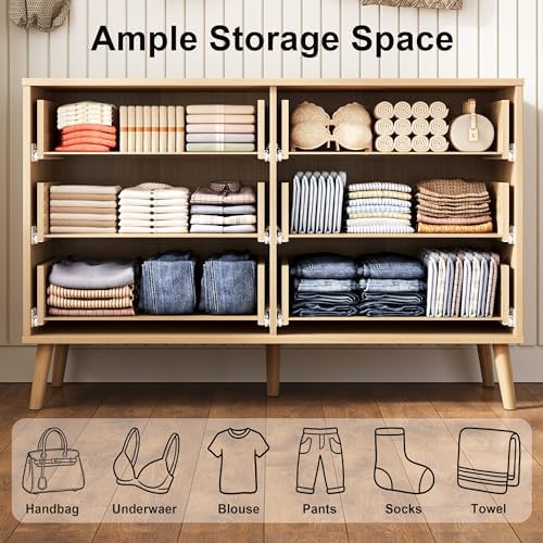 Fluted 6 Drawers Dresser for Bedroom, Wooden Wide Chest of Drawers with Metal Handle, Dresser TV Stand, Closet Storage Organizer for Entryway, Living Room, Hallway (Natural) - Image 3