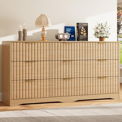 9 Drawer Dresser and Nightstand Sets for Bedroom, Modern Fluted 3 Pcs Bedroom Dresser Furniture Sets, Wood Chest of Drawers and Nightstand Set of 2 with Metal Handles, Natural Oak - Image 7