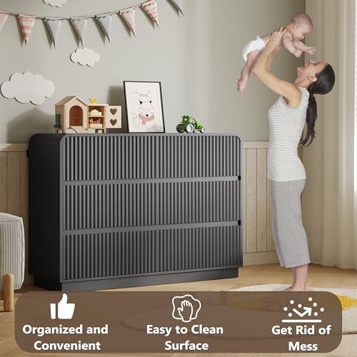 BORNOON Dresser for Bedroom with 6 Drawers, Fluted Chest of Drawers with Round Curved Corner, Hidden Handles, Modern Wood Storage Organizer for Bedroom, Nursery, Living Room - Image 5