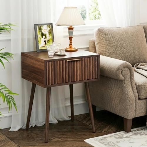 VINGLI Nightstands Set of 2, Fluted Night Stand with Drawer, Bedside Table, Wood Nightstand for Bedroom, Mid Century Modern End Tables, Walnut, 18.9" W*14.96" D*24" H - Image 3