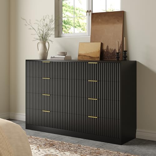 Black 8 Drawer Dresser for Bedroom, 55" Wide Fluted Chest of Drawers with Gold Metal Handles, Modern Wooden Dresser, Closet Storage Organizer Mid Century TV Stand for Living Room Hallway by RESOM