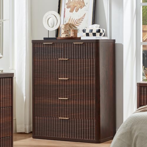 LEYAOYAO Fluted 6 Drawers Dresser for Bedroom, 42" Tall Modern Chest of Drawers with Metal Handle, Curved Profile Design,Walnut Wood Drawer Organizer for Bedroom, Living Room, Hallway, Entryway - Image 3