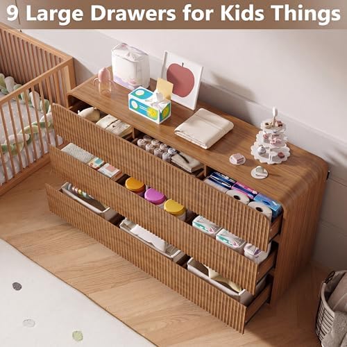 BORNOON Dresser for Bedroom with 9 Drawers, Fluted Chest of Drawers with Round Curved Corner, Hidden Handles, Modern Wood Storage Organizer for Bedroom, Nursery, Living Room - Image 3