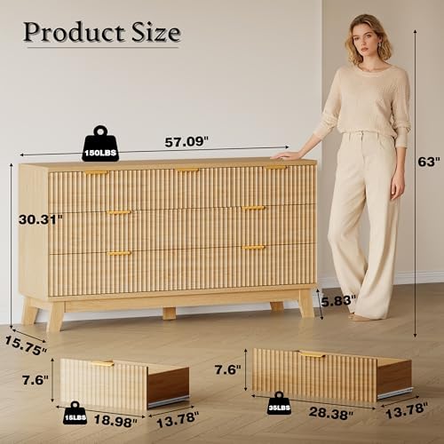 BORNOON 57" Long Dresser for Bedroom, 7-Drawer Fluted Chest, Wide Wood Storage Dresser with Metal Slides and Handles, Stable Base, Modern Clothes Organizer for Primary Suite, Guest Room, Nursery - Image 2