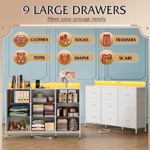 WLIVE White Dresser TV Stand 9 Drawers, Fabric Chest of Drawers LED Lights - Image 6