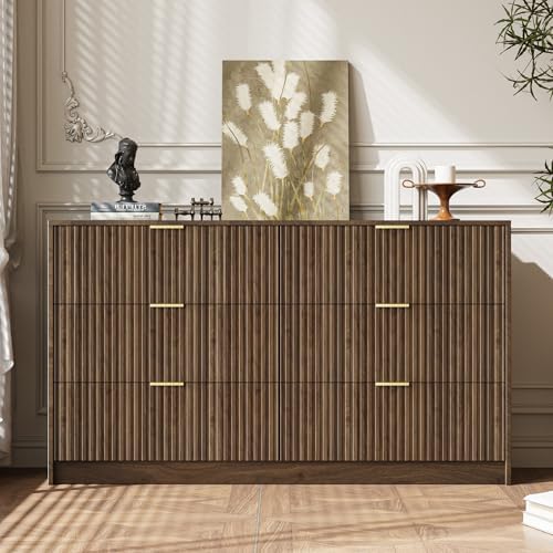 MAISONARIA 6 Drawer Dresser for Bedroom, 55" Wide Modern Chest of Drawers with Gold Metal Handles, Fluted Wood TV Stand for Living Room, Hallway, Walnut - Image 5