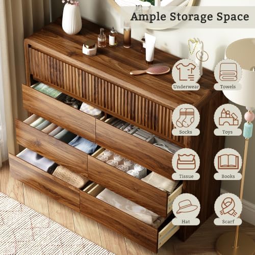 LYNSOM Walnut Fluted 9 Drawer Dresser for Bedroom, Curved Edge, 50" Wide - Image 4