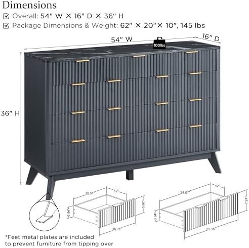 T4TREAM 54" Wide Fluted 9 Drawer Dresser for Bedroom, Dark Grey - Image 2