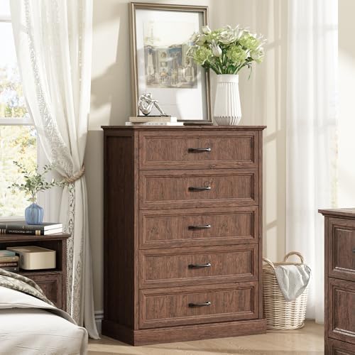 CARPETNAL Farmhouse 5 Drawer Dresser for Bedroom, 44" Tall Brown Dresser. by CARPETNAL