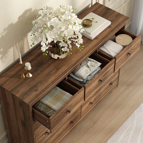 Dresser for Bedroom, 9 Drawer Dresser with Large Drawers, 55 Inch Wide Wood Chest for Living Room, Hallway, Walnut - Image 7