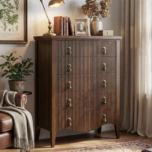 FUSUNBAO 5-Drawer 47" Tall Fluted Dresser, Vertical Chest of Drawers,Walnut by FUSUNBAO