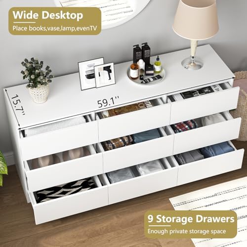 VERYKE White 9 Drawer Dresser for Bedroom,Chest of Drawers with No-Handle Design for Closet,Modern Wood Dresser Bedroom Storage Furniture - Image 4