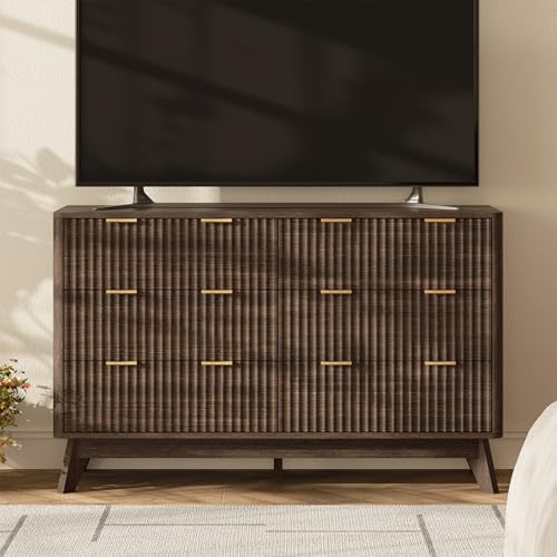 47" Wide Fluted 6 Drawers Dresser for Bedroom,Curved Edge,Walnut - Image 4