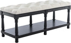 Farmhouse Storage Bench Wooden Entryway Linen Upholstered Ottoman Button Tufted - Image 7