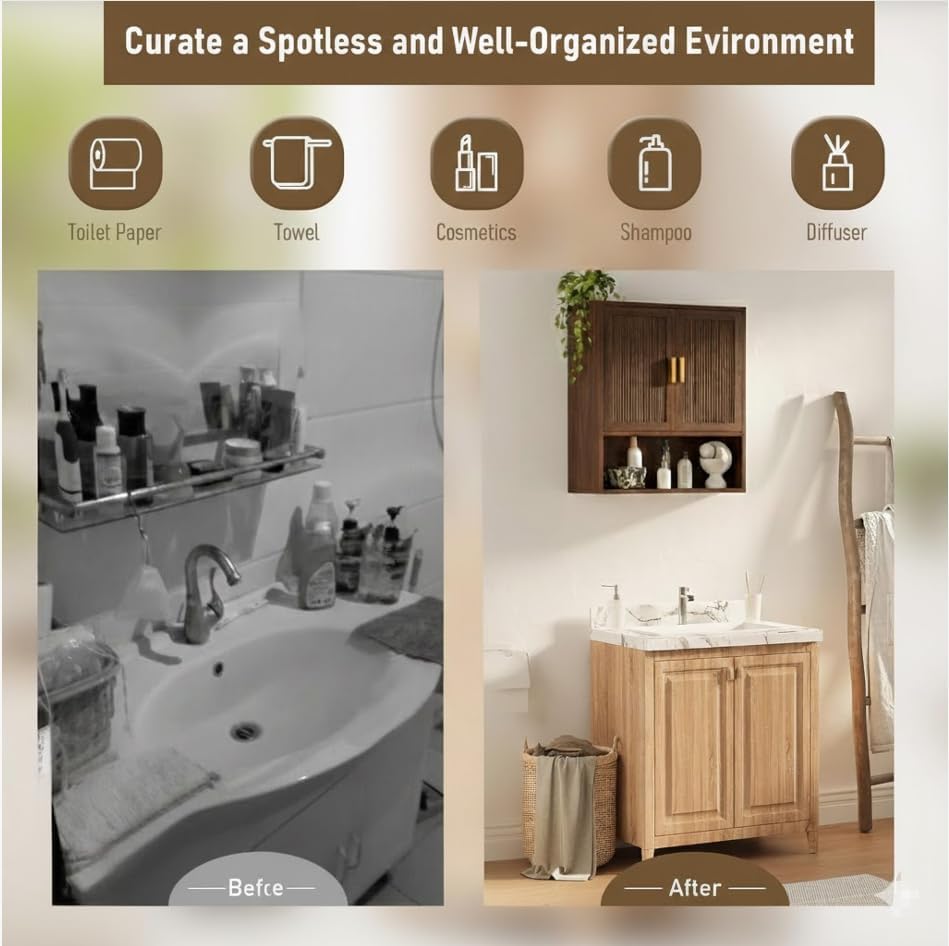 INNOD Bathroom Storage Cabinet, Medicine Cabinet with Adjustable Wood Shelf & Doors, Over The Toilet Storage Cabinet for Laundry Room & Kitchen & Living Room (Walnut) - Image 5
