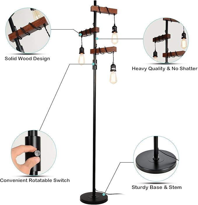 Industrial Floor Lamp, Farmhouse Tree 68 Inch 3 Lights Wood Standing Lamp - Image 4