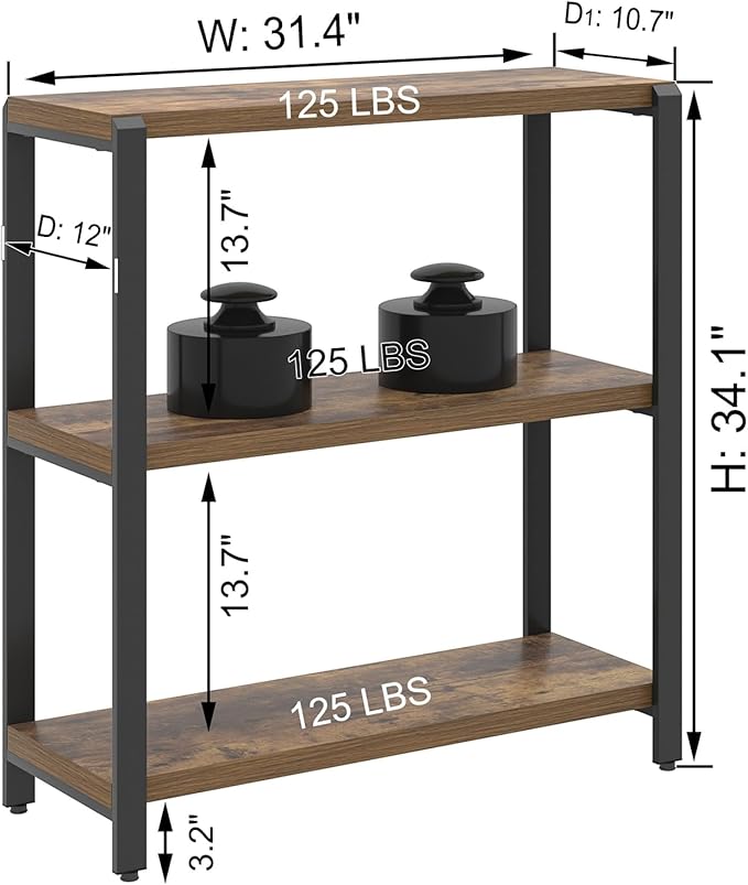 EXCEFUR Small Bookshelf, 3 Tier Short Low Book Shelf, Modern Metal and Wood - Image 2