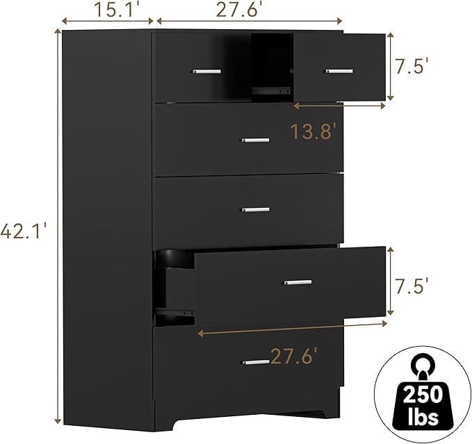 FJTJBSI Dresser with Power Outlets Wooden 6 Drawer Dresser with Large Organizer - Image 3