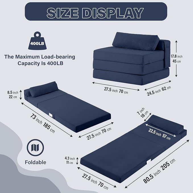 Tiita Folding Sofa Bed Chair, 4-Fold Convertible Sleeper Chair - Image 2