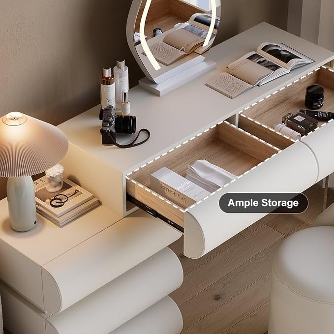 homary White 2-Piece Makeup Vanity & Smart Nightstand Set, Modern Vanity Table - Image 6