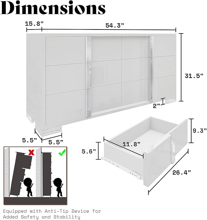 AMERLIFE 54" W High Gloss 6 Drawers Dressers - Image 2